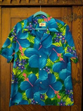 Vintage Pomare Hawaii Men Medium Hawaiian Shirt Blue Green Hibiscus Floral Aloha